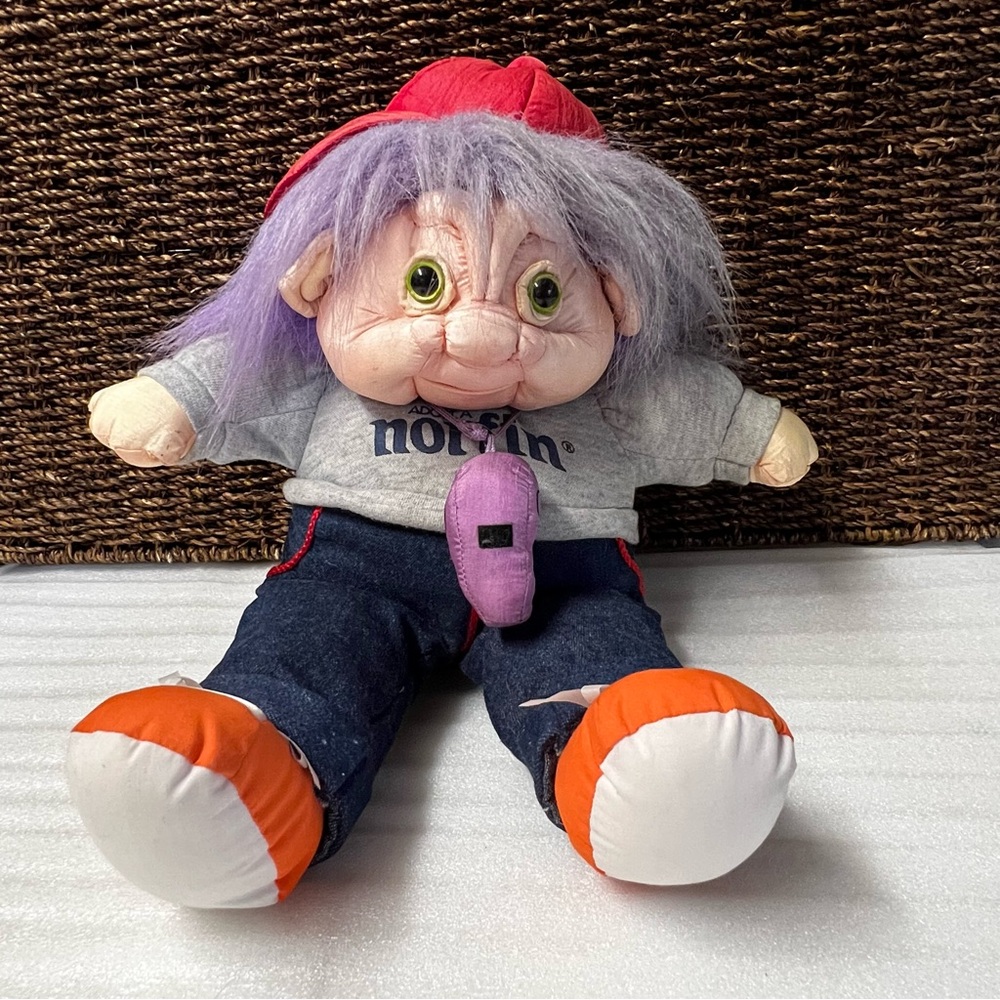 Vintage Norfin ParaCutes Troll Doll with Purple Hair, Whistle Coach Plush
